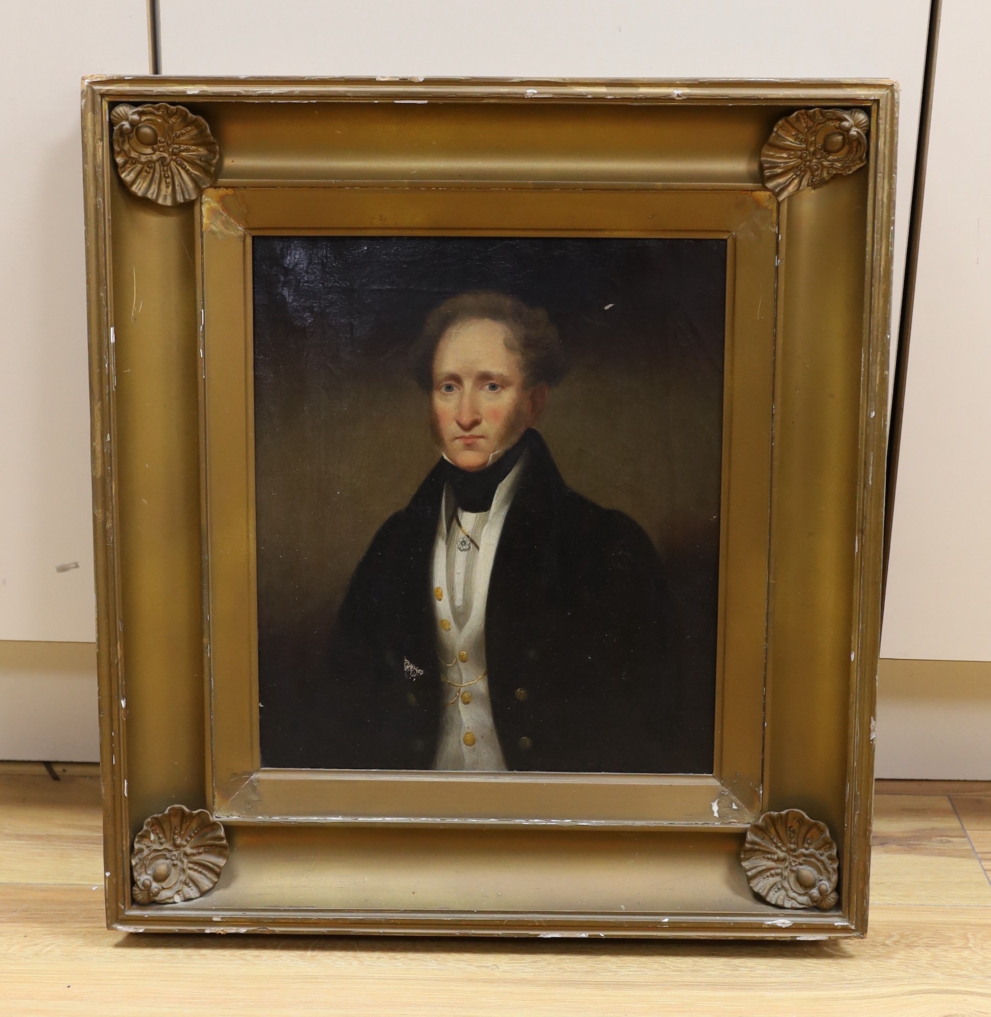 19th century English School, oil on canvas, Portrait of William Shere, Colonel East India Company, died 1850, 36 x 31cm